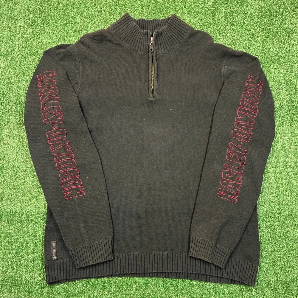 Y2K‎ 2000's Harley Davidson Quarter Zip Sweater Black Red Spellout XL